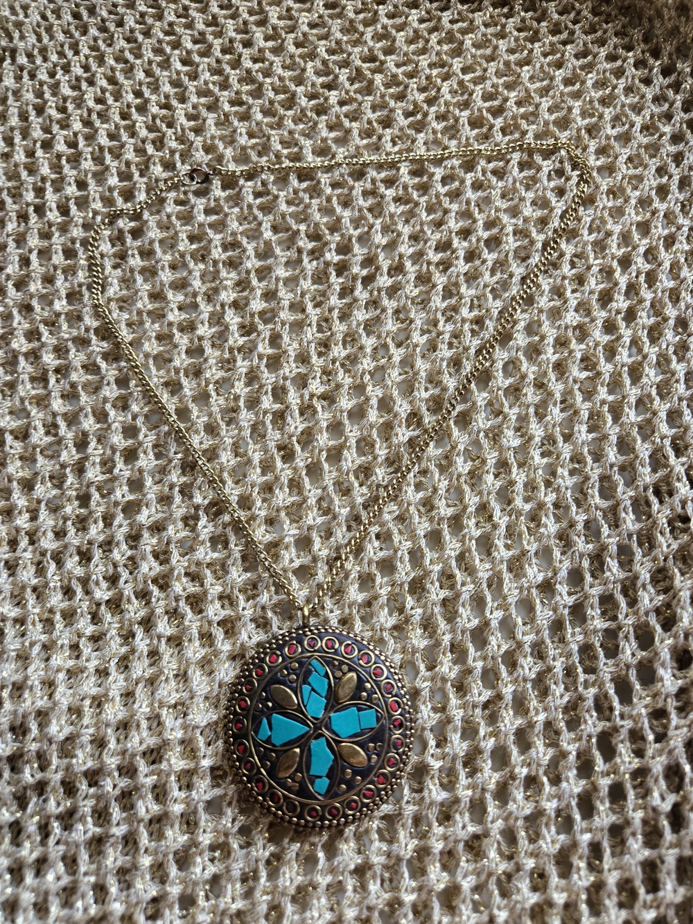 Gold-Tone Turquoise & Red Pendant Necklace